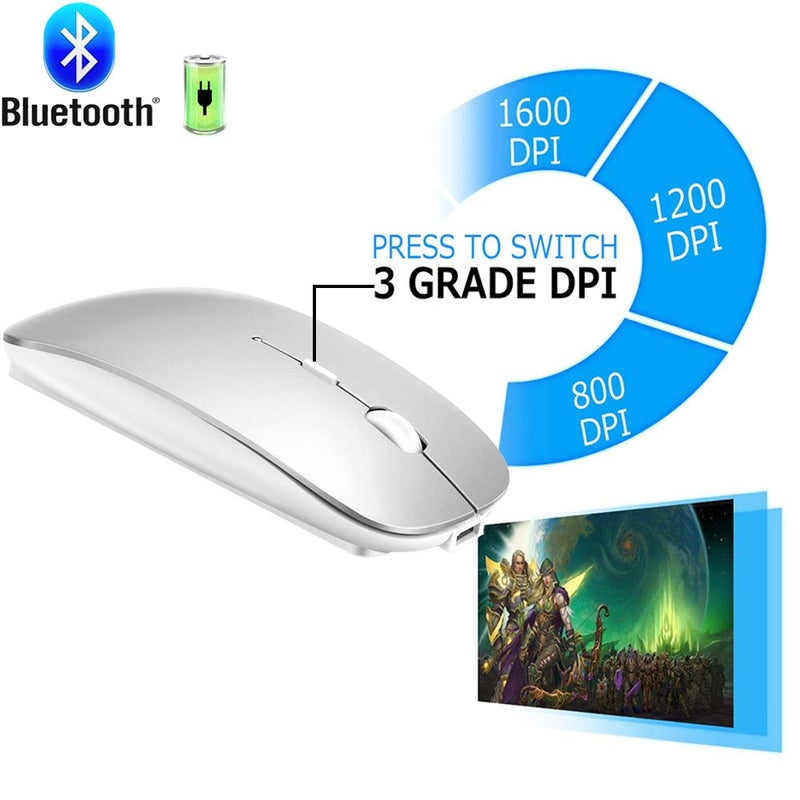 KLO 4 Modes Rechargeable Bluetooth Mouse BT3.0/5.2+USB-2.4G/Type-C,Wireless Mouse for MacBook pro/MacBook air/Laptop/iMac/ipad/Notebook/pc (BT/USB-C Silver) - Image 3